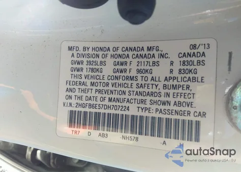 2013 Honda Civic Si z USA, uszkodzony, nr VIN 2HGFB6E57DH707224